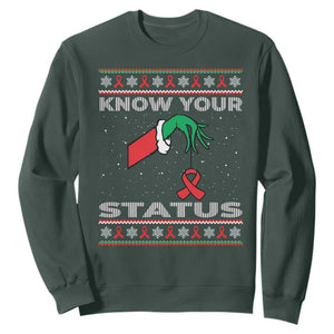 Funny Know Your Status Green Hand Sweatshirt Red Ribbon HIV Ugly Sweater Gift TS12 Dark Forest Green Print Your Wear