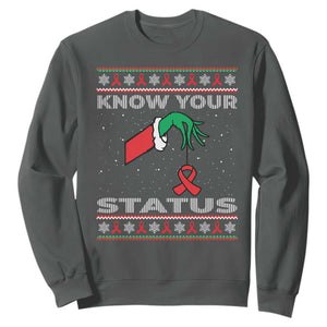 Funny Know Your Status Green Hand Sweatshirt Red Ribbon HIV Ugly Sweater Gift TS12 Dark Heather Print Your Wear