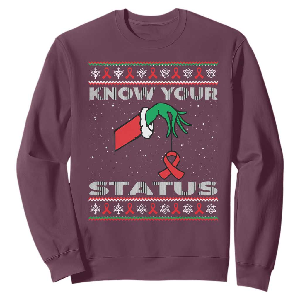 Funny Know Your Status Green Hand Sweatshirt Red Ribbon HIV Ugly Sweater Gift TS12 Maroon Print Your Wear