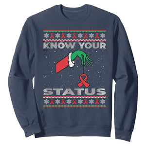 Funny Know Your Status Green Hand Sweatshirt Red Ribbon HIV Ugly Sweater Gift TS12 Navy Print Your Wear