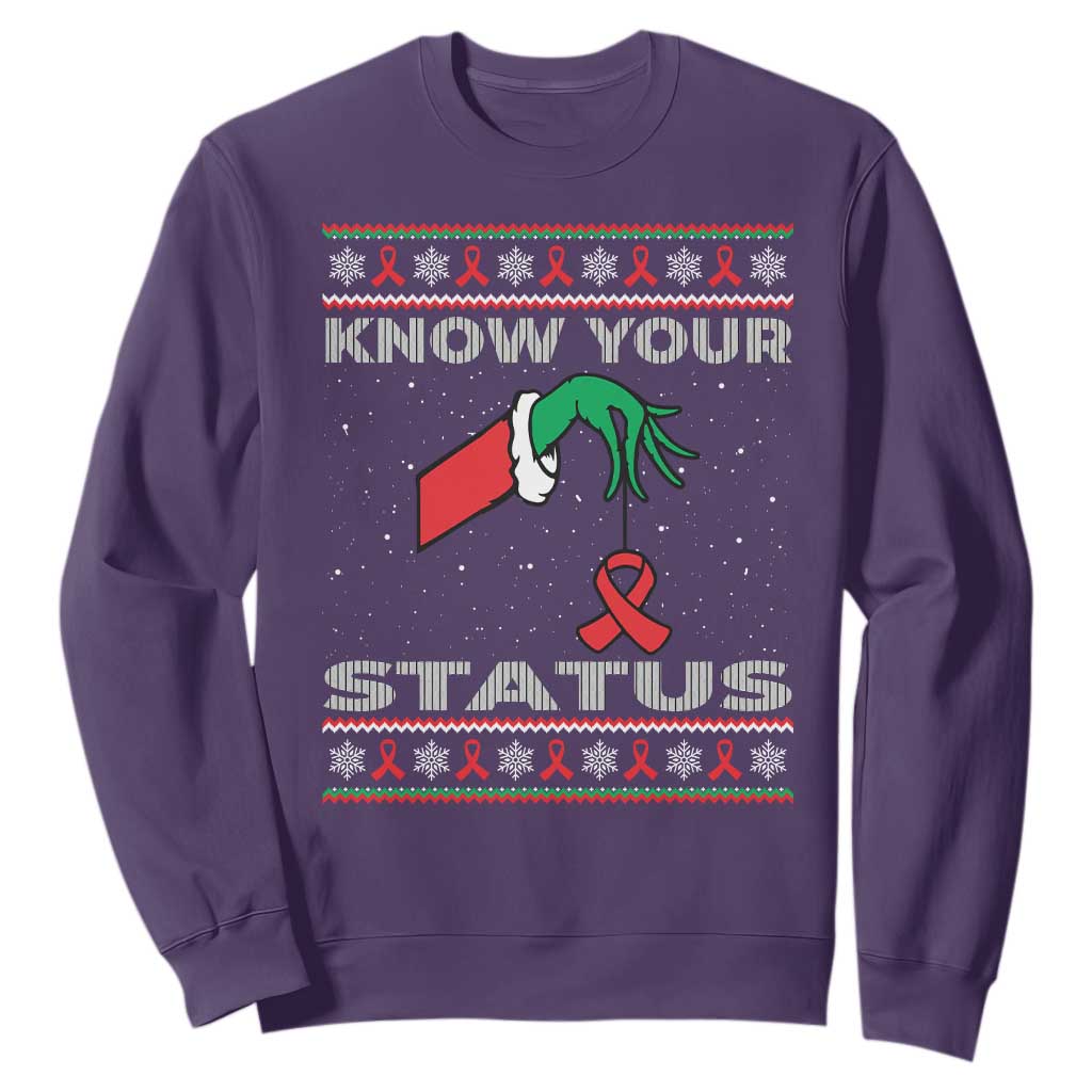 Funny Know Your Status Green Hand Sweatshirt Red Ribbon HIV Ugly Sweater Gift TS12 Purple Print Your Wear