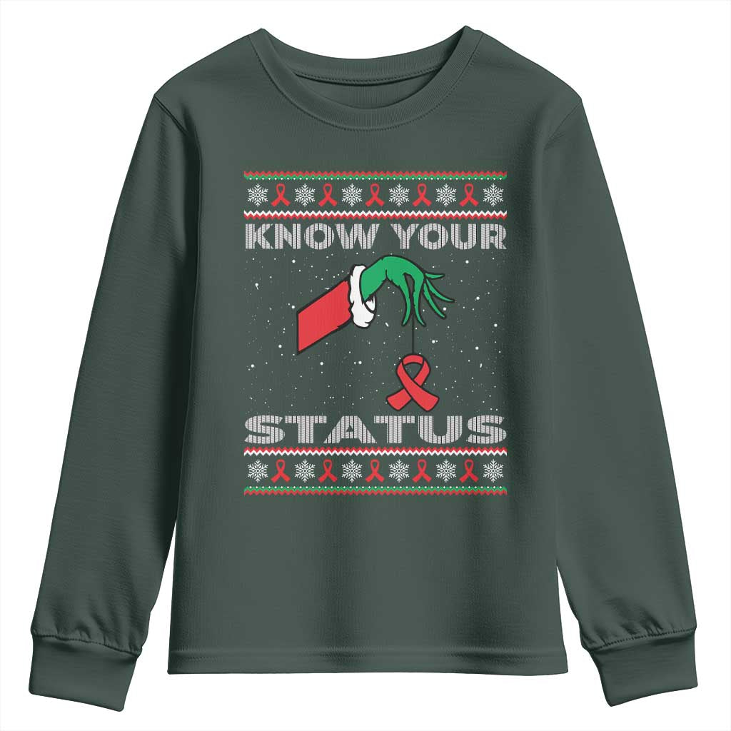 Funny Know Your Status Green Hand Youth Sweatshirt Red Ribbon HIV Ugly Sweater Gift TS12 Dark Forest Green Print Your Wear