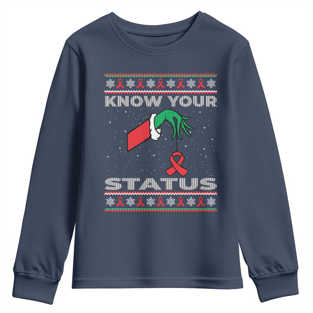 Funny Know Your Status Green Hand Youth Sweatshirt Red Ribbon HIV Ugly Sweater Gift TS12 Navy Print Your Wear