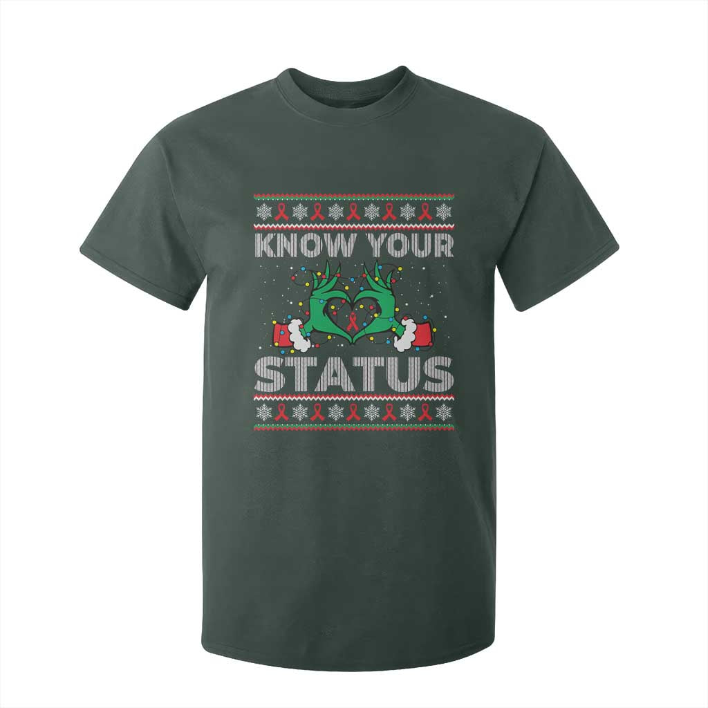 Know Your Status HIV Awareness Gift T Shirt For Kid Ugly Sweater Green Hand Red Ribbon TS12 Dark Forest Green Print Your Wear