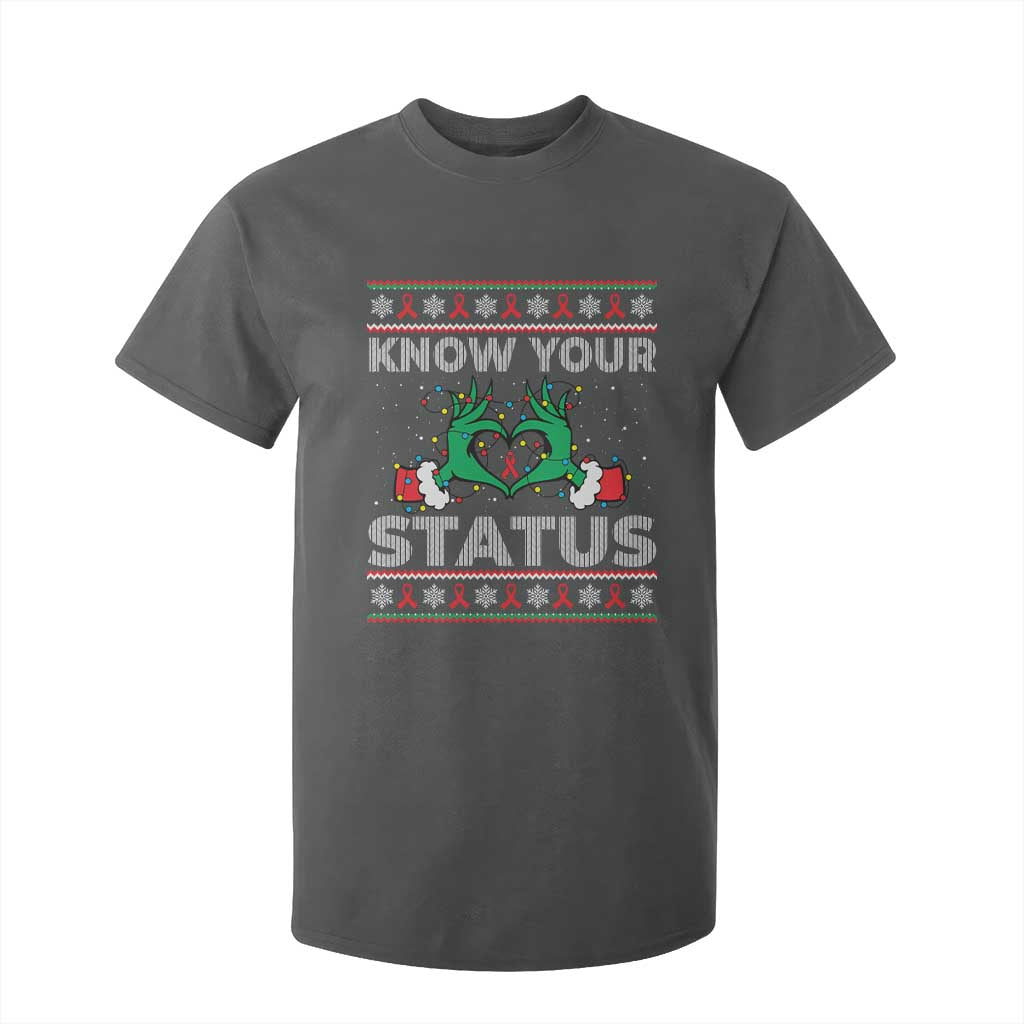 Know Your Status HIV Awareness Gift T Shirt For Kid Ugly Sweater Green Hand Red Ribbon TS12 Dark Heather Print Your Wear