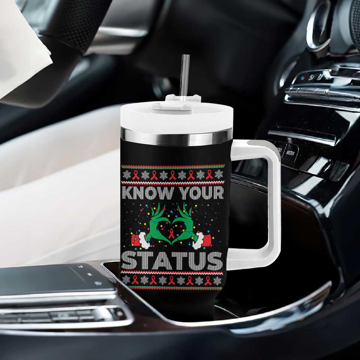 Know Your Status HIV Awareness Gift Tumbler With Handle Ugly Sweater Green Hand Red Ribbon TS12 Print Your Wear