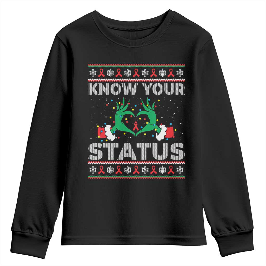 Know Your Status HIV Awareness Gift Youth Sweatshirt Ugly Sweater Green Hand Red Ribbon TS12 Black Print Your Wear