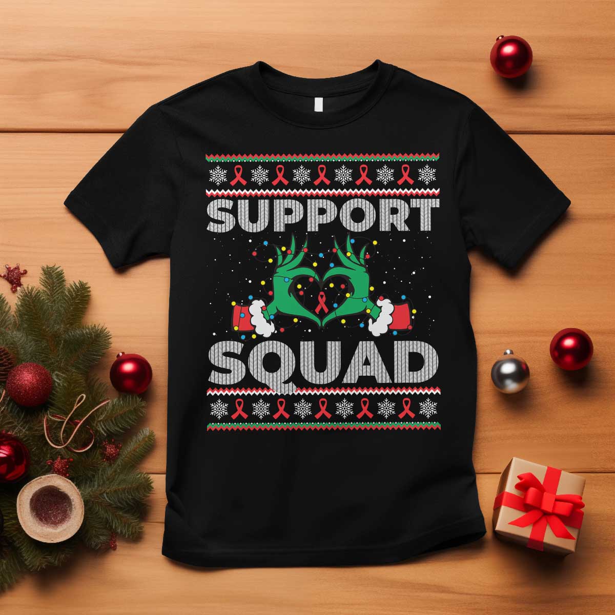 Support Squad HIV Awareness Gift T Shirt Green Hand Red Ribbon Ugly Sweater Christmas Gift TS12 Black Print Your Wear