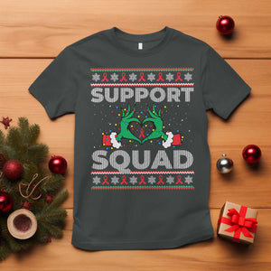 Support Squad HIV Awareness Gift T Shirt Green Hand Red Ribbon Ugly Sweater Christmas Gift TS12 Dark Heather Print Your Wear