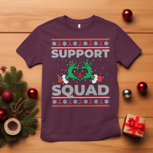 Support Squad HIV Awareness Gift T Shirt Green Hand Red Ribbon Ugly Sweater Christmas Gift TS12 Maroon Print Your Wear