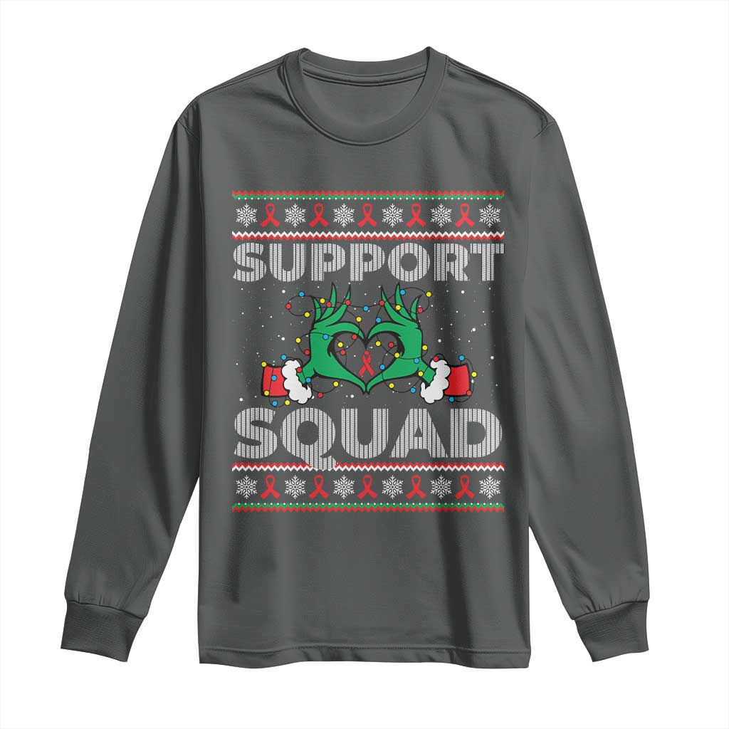 Support Squad HIV Awareness Gift Long Sleeve Shirt Green Hand Red Ribbon Ugly Sweater Christmas Gift TS12 Dark Heather Print Your Wear