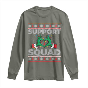 Support Squad HIV Awareness Gift Long Sleeve Shirt Green Hand Red Ribbon Ugly Sweater Christmas Gift TS12 Military Green Print Your Wear