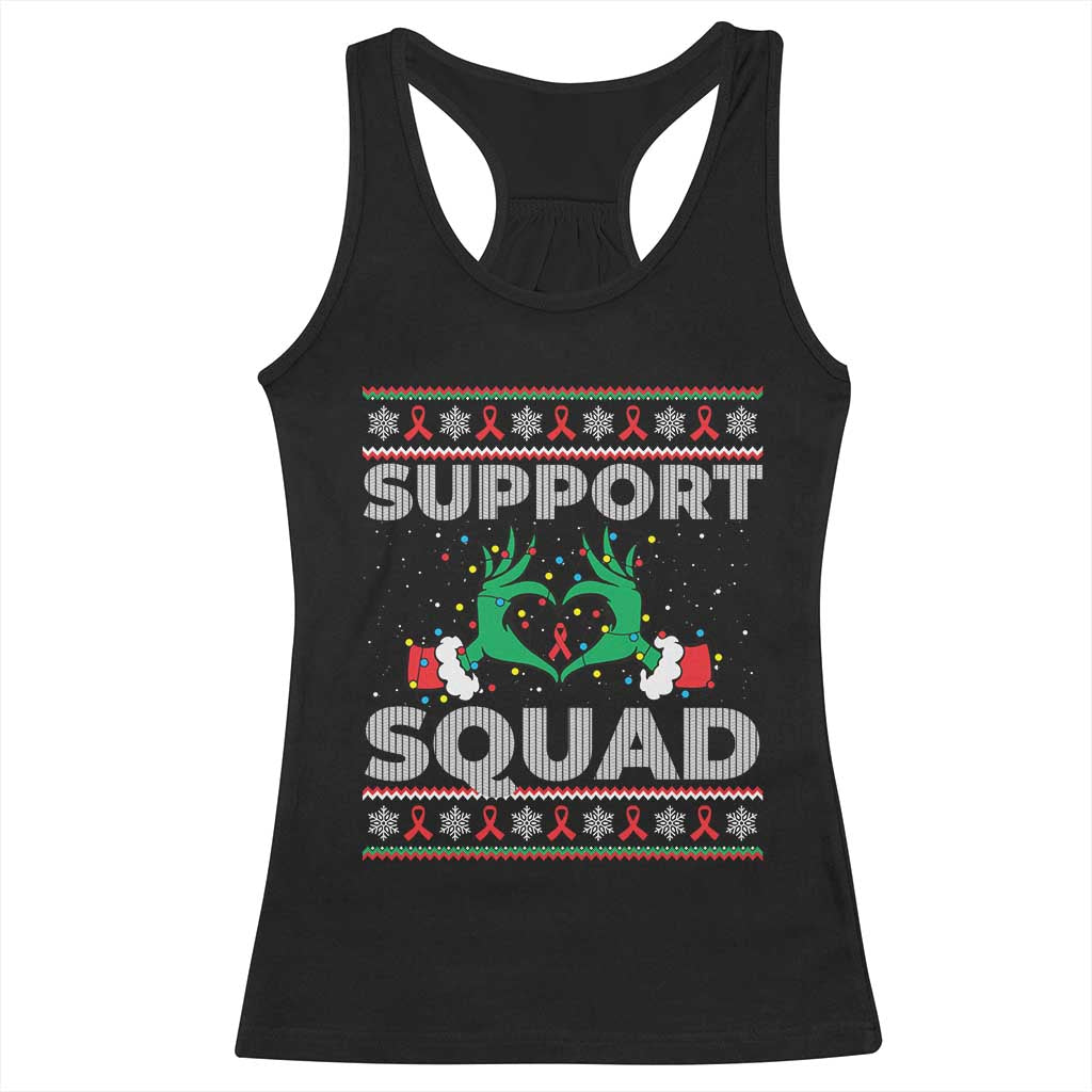 Support Squad HIV Awareness Gift Racerback Tank Top Green Hand Red Ribbon Ugly Sweater Christmas Gift TS12 Black Print Your Wear