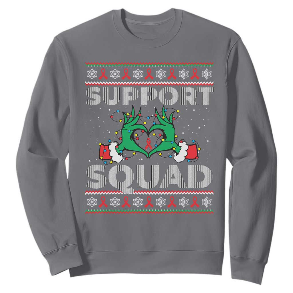 Support Squad HIV Awareness Gift Sweatshirt Green Hand Red Ribbon Ugly Sweater Christmas Gift TS12 Charcoal Print Your Wear