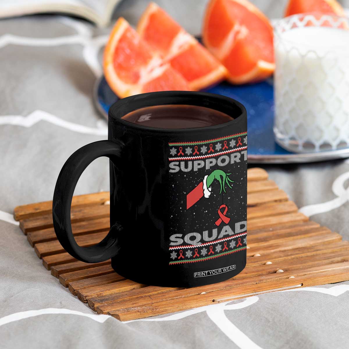 Funny Green Hand Red Ribbon HIV Awareness Coffee Mug Support Squad Ugly Sweater Gift TS12 Print Your Wear
