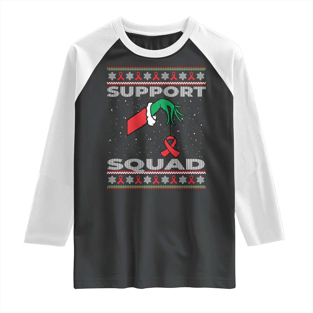 Funny Green Hand Red Ribbon HIV Awareness Raglan Shirt Support Squad Ugly Sweater Gift TS12 Black White Print Your Wear