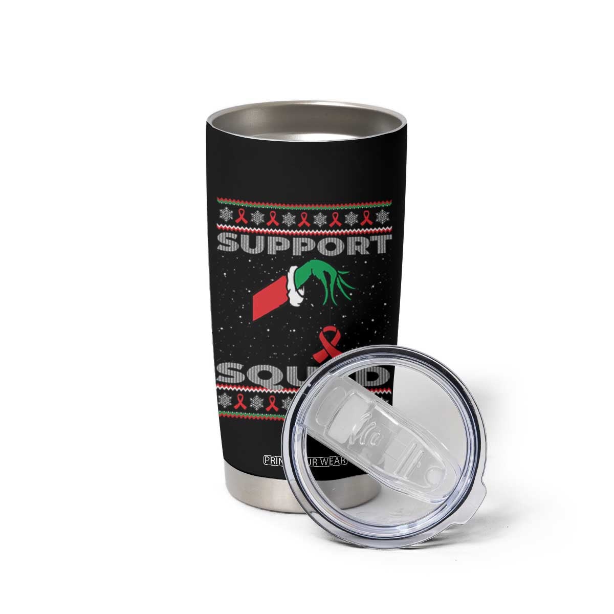 Funny Green Hand Red Ribbon HIV Awareness Tumbler Cup Support Squad Ugly Sweater Gift TS12 Print Your Wear