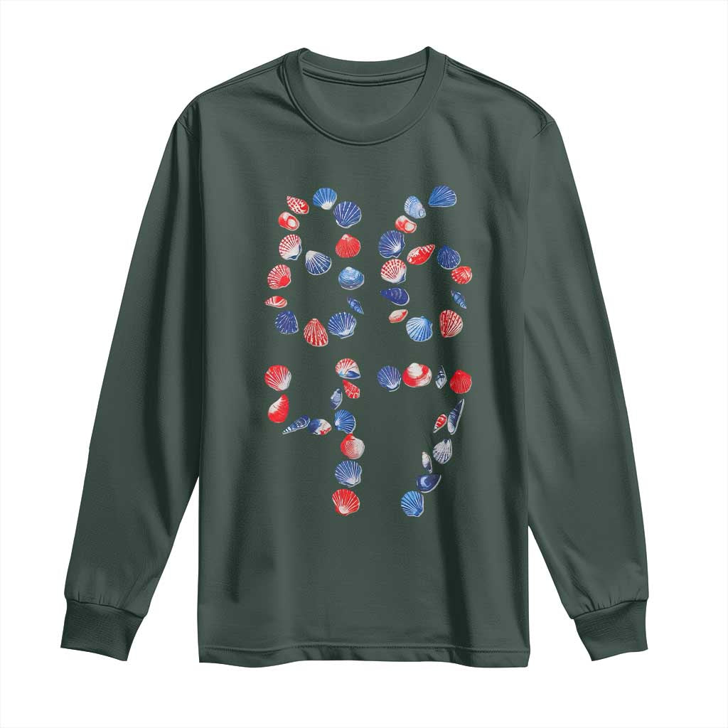 Red White Blue Seashell 8647 Long Sleeve Shirt Viral 2026 Beach Walk Satire Graphic TS12 Dark Forest Green Print Your Wear