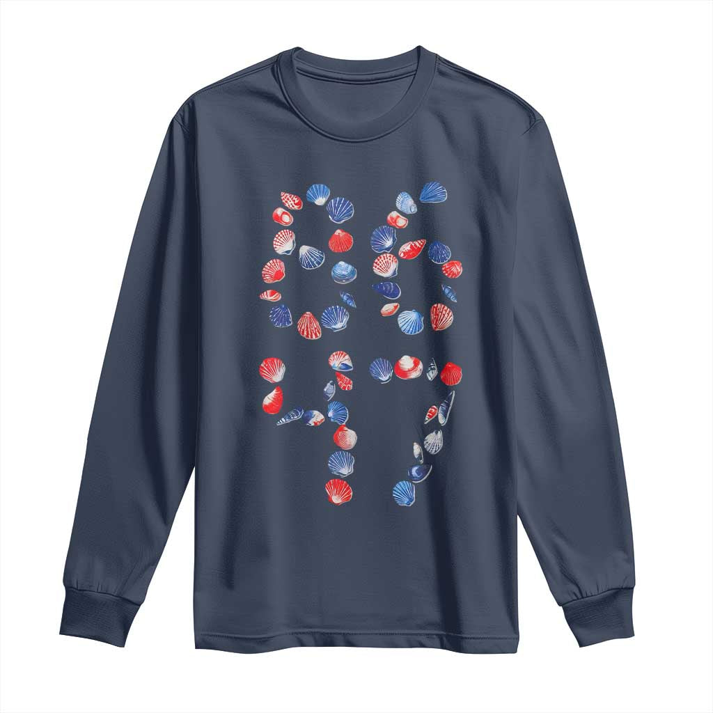 Red White Blue Seashell 8647 Long Sleeve Shirt Viral 2026 Beach Walk Satire Graphic TS12 Navy Print Your Wear