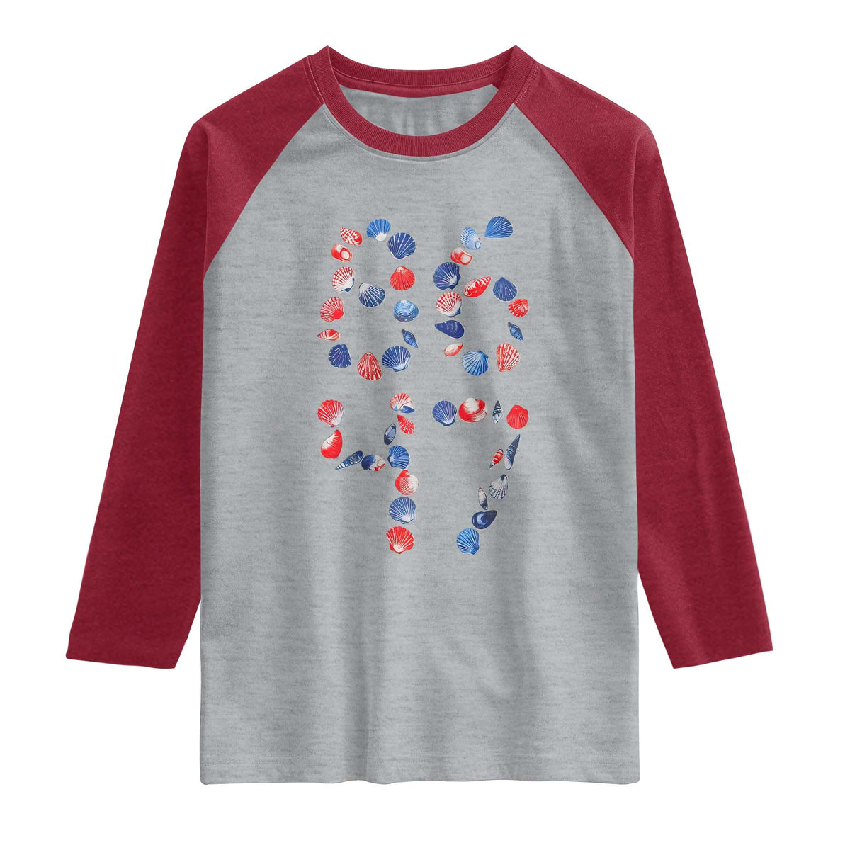 Red White Blue Seashell 8647 Raglan Shirt Viral 2026 Beach Walk Satire Graphic TS12 Heather Gray Heather Red Print Your Wear