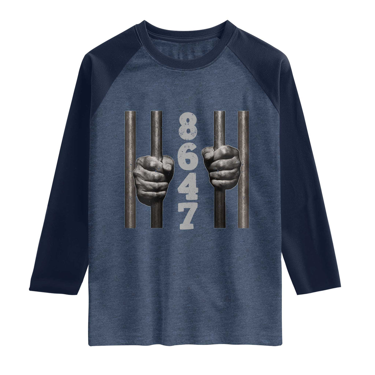 Funny 8647 Jail Raglan Shirt Freedom Protest Satire Graphic Gift TS12 Heather Denim Navy Print Your Wear