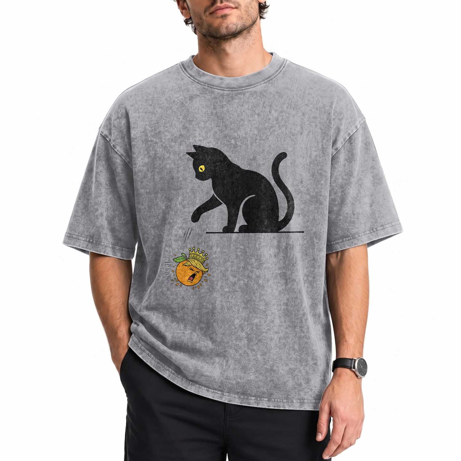 Funny No Kings Black Cat Washed Cotton T-Shirt Rebellious Cat Lover Gift