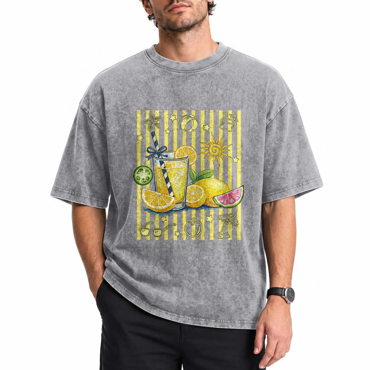 Striped Summer Lemonade Washed Cotton T-Shirt Preppy Brushstroke Aesthetic Graphic