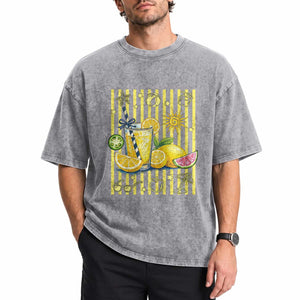 Striped Summer Lemonade Washed Cotton T-Shirt Preppy Brushstroke Aesthetic Graphic