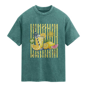 Striped Summer Lemonade Washed Cotton T-Shirt Preppy Brushstroke Aesthetic Graphic
