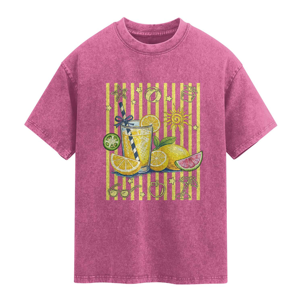 Striped Summer Lemonade Washed Cotton T-Shirt Preppy Brushstroke Aesthetic Graphic