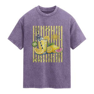 Striped Summer Lemonade Washed Cotton T-Shirt Preppy Brushstroke Aesthetic Graphic