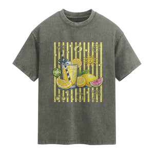 Striped Summer Lemonade Washed Cotton T-Shirt Preppy Brushstroke Aesthetic Graphic