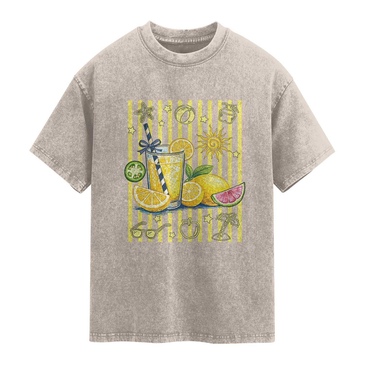 Striped Summer Lemonade Washed Cotton T-Shirt Preppy Brushstroke Aesthetic Graphic