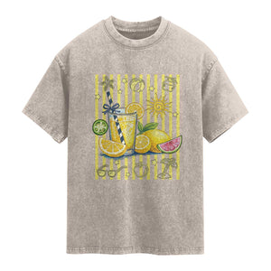 Striped Summer Lemonade Washed Cotton T-Shirt Preppy Brushstroke Aesthetic Graphic