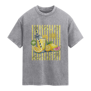 Striped Summer Lemonade Washed Cotton T-Shirt Preppy Brushstroke Aesthetic Graphic
