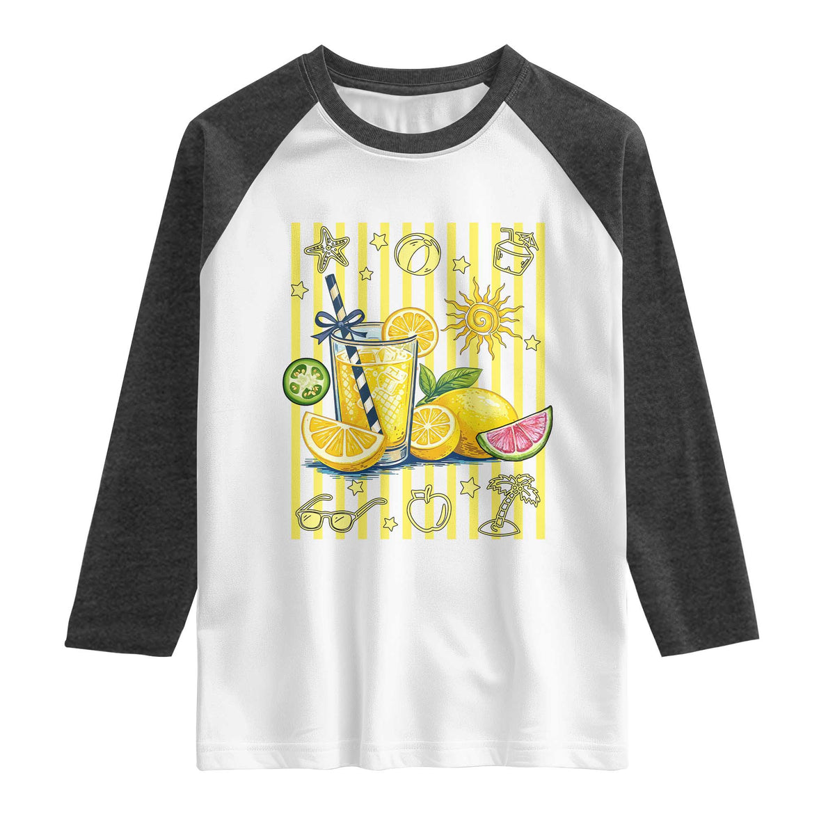 Striped Summer Lemonade Raglan Shirt Preppy Brushstroke Aesthetic Graphic TS12 White Heather Charcoal Print Your Wear