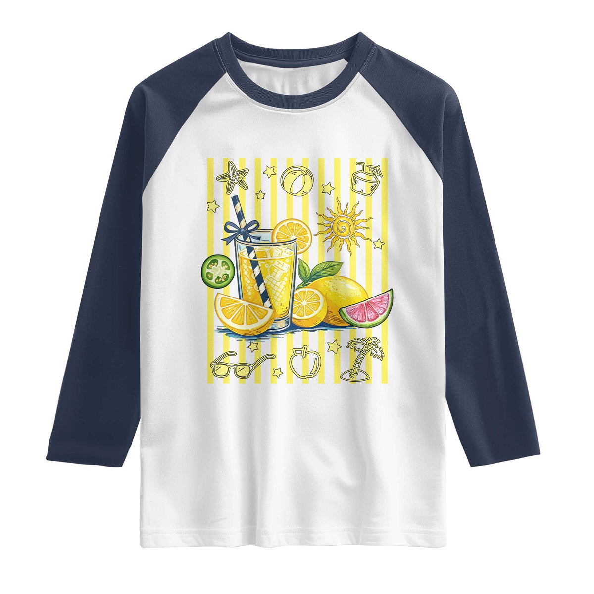 Striped Summer Lemonade Raglan Shirt Preppy Brushstroke Aesthetic Graphic TS12 White Navy Print Your Wear