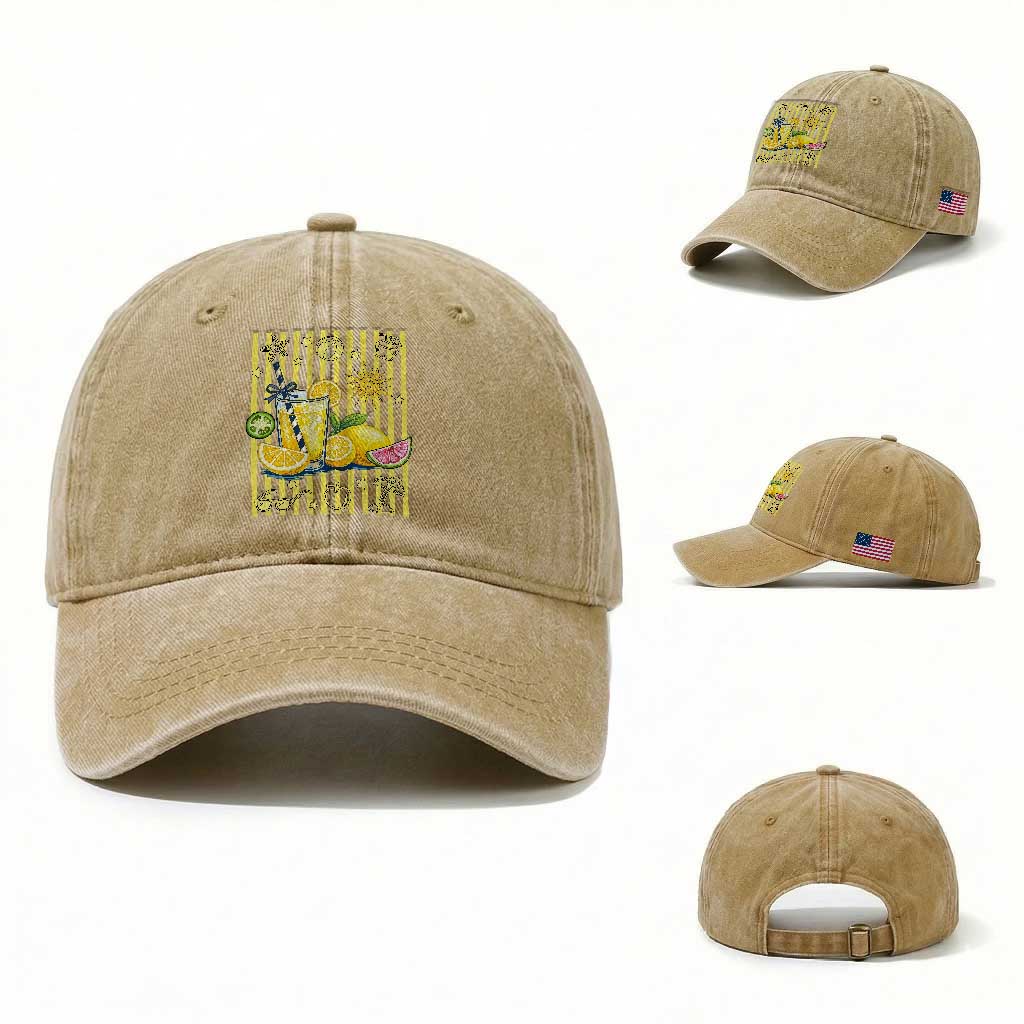 Striped Summer Lemonade Washed Cotton Baseball Cap Preppy Brushstroke Aesthetic Graphic TS12 Washed Cap Universal Fit Khaki Print Your Wear