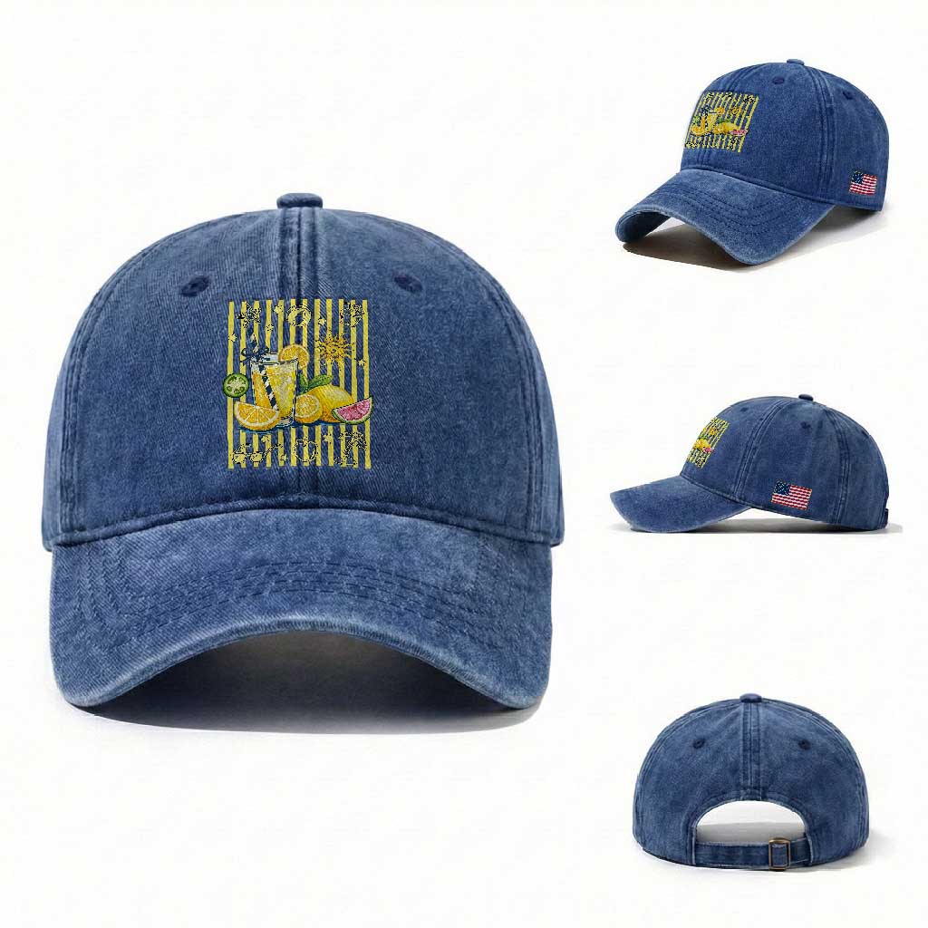 Striped Summer Lemonade Washed Cotton Baseball Cap Preppy Brushstroke Aesthetic Graphic TS12 Washed Cap Universal Fit Royal Blue Print Your Wear