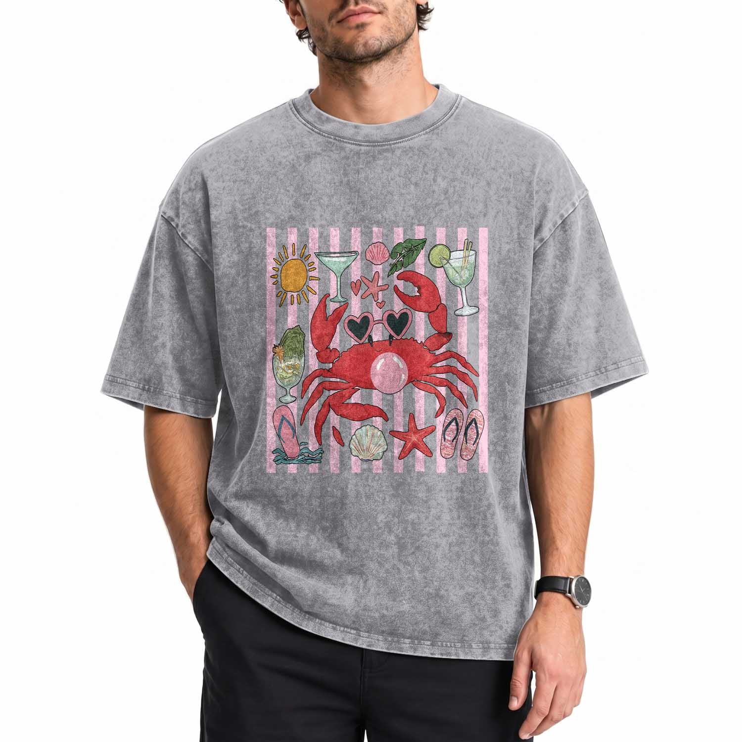 Funny Crab Tropical Summer Vacation Gift Washed Cotton T-Shirt Striped Summer Beach Vibes