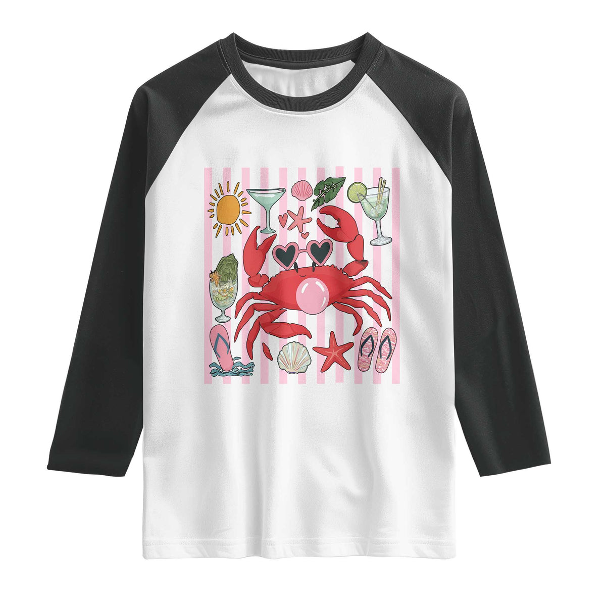 Funny Crab Tropical Summer Vacation Gift Raglan Shirt Striped Summer Beach Vibes TS12 White Black Print Your Wear