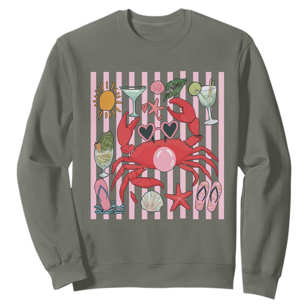Funny Crab Tropical Summer Vacation Gift Sweatshirt Striped Summer Beach Vibes TS12 Military Green Print Your Wear