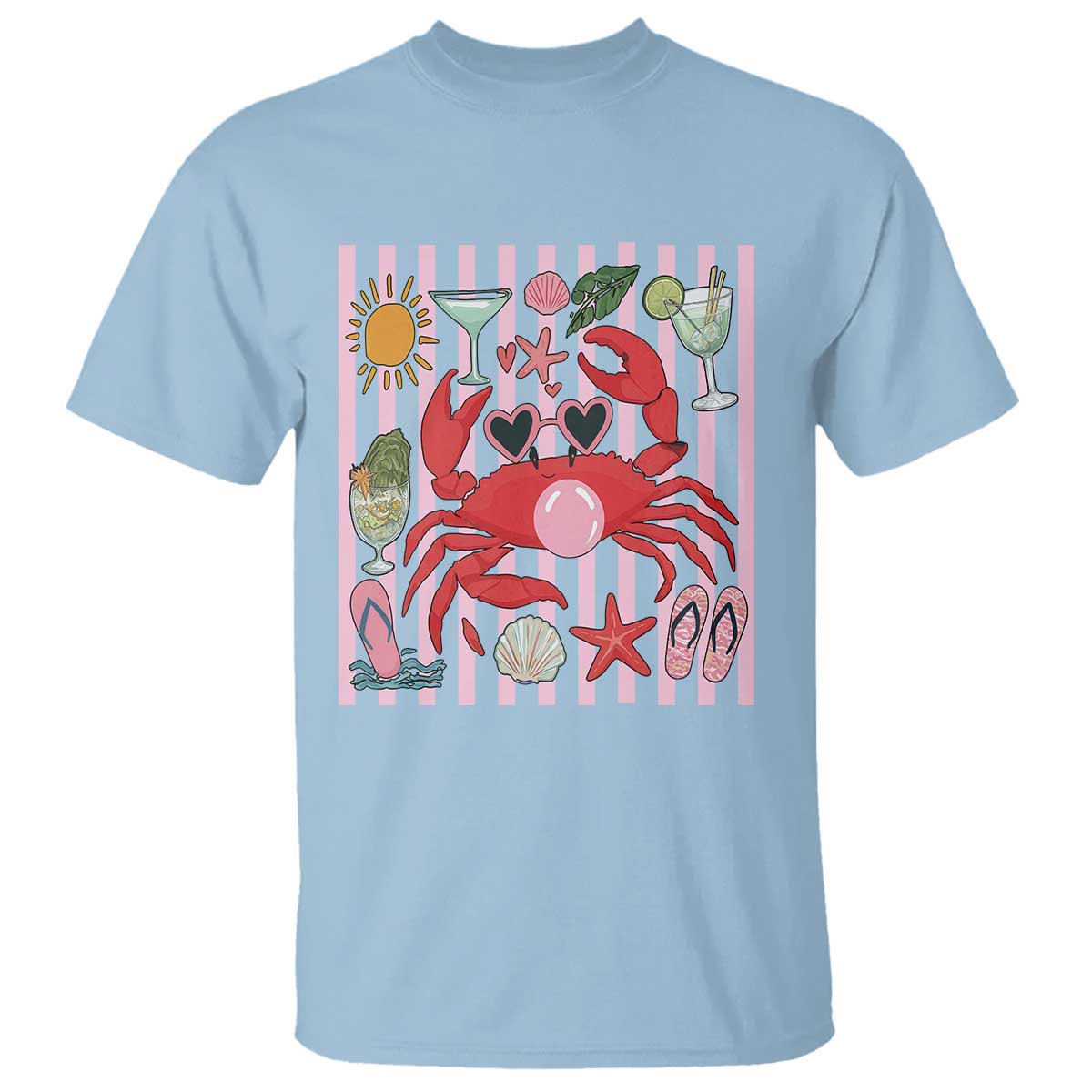 Funny Crab Tropical Summer Vacation Gift T Shirt Striped Summer Beach Vibes TS12 Light Blue Print Your Wear