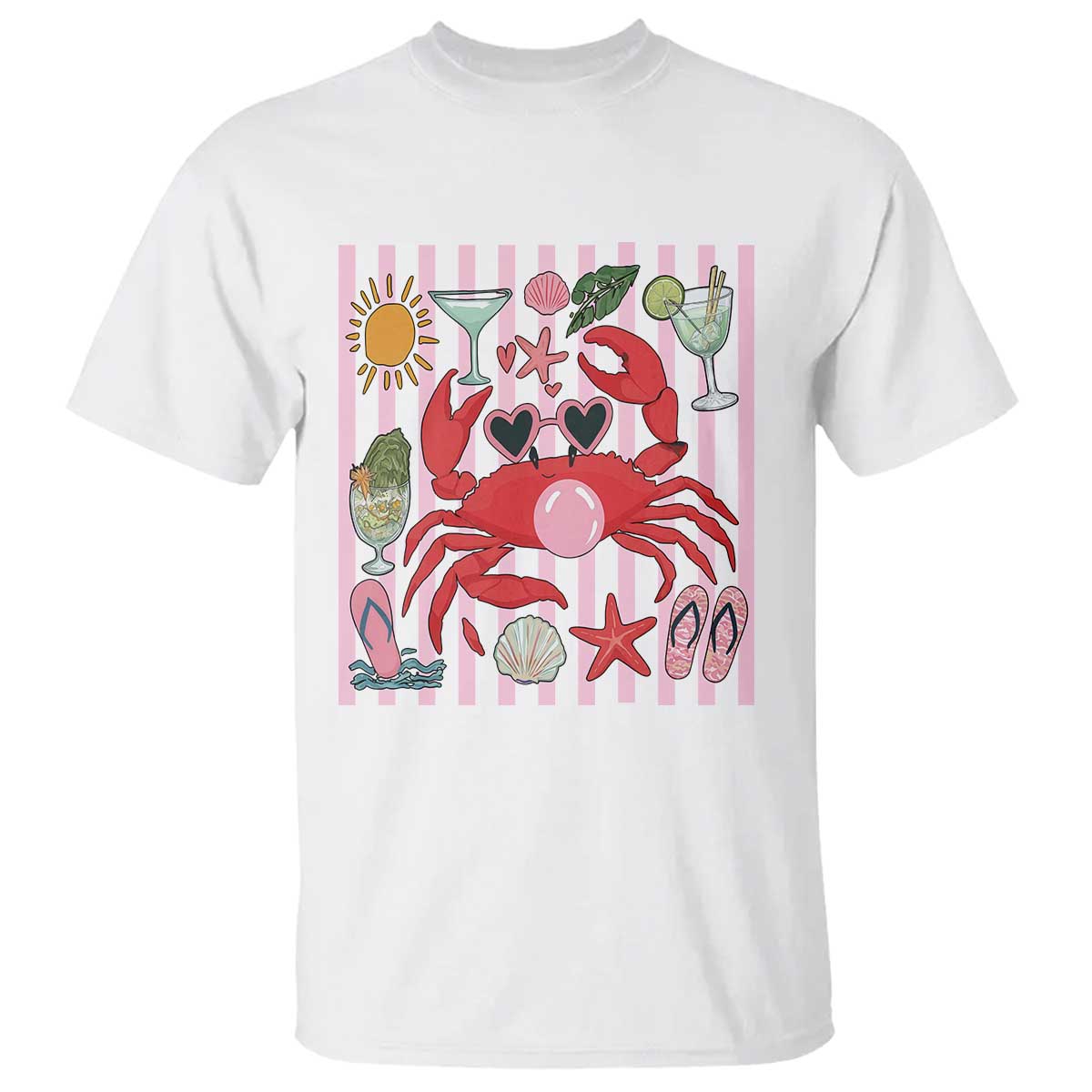 Funny Crab Tropical Summer Vacation Gift T Shirt Striped Summer Beach Vibes TS12 White Print Your Wear