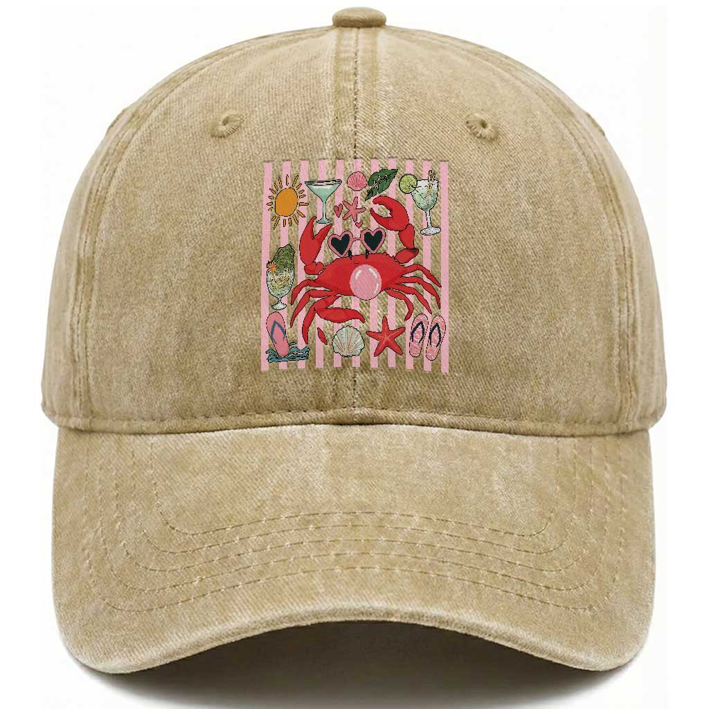 Funny Crab Tropical Summer Vacation Gift Washed Cotton Baseball Cap Striped Summer Beach Vibes TS12 Print Your Wear