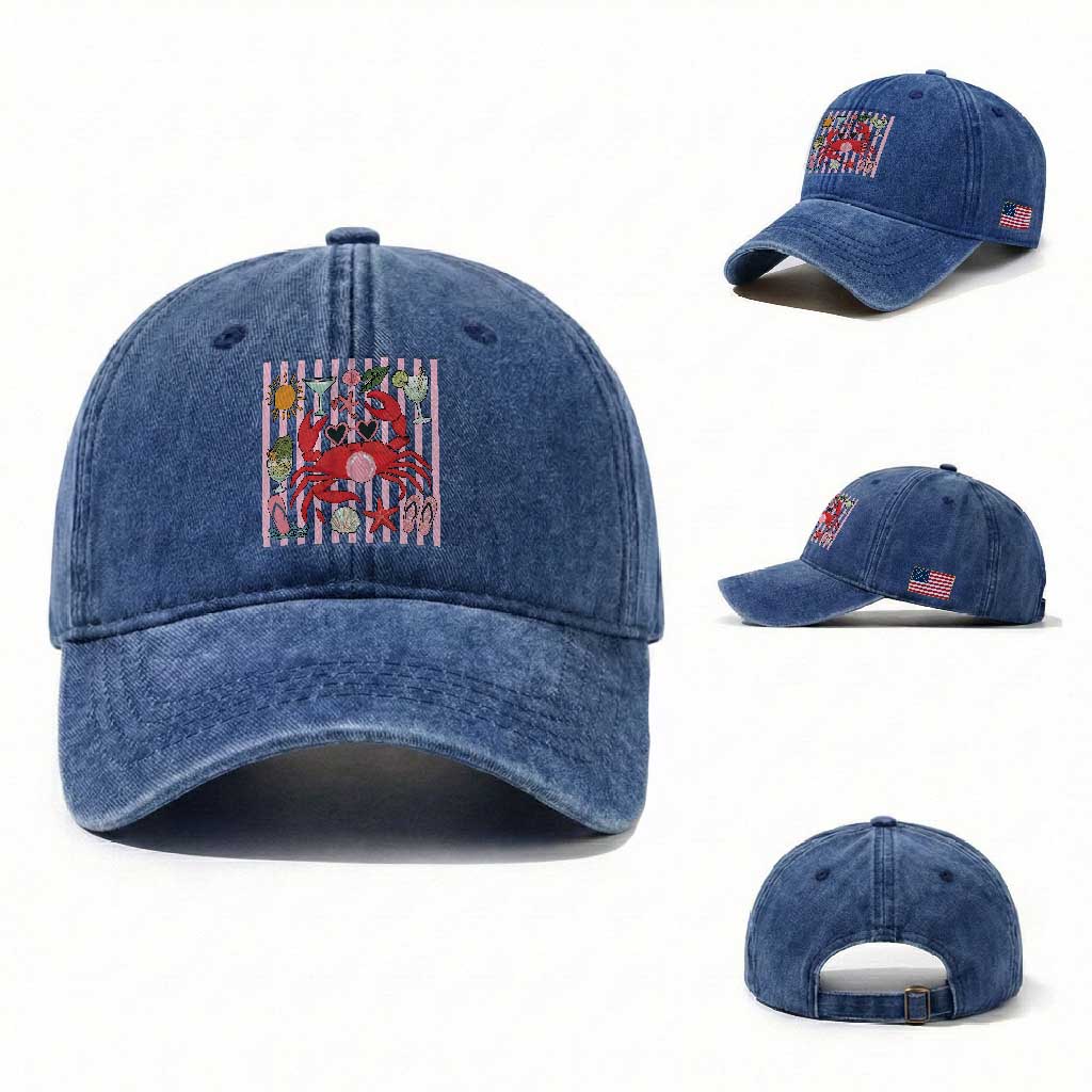 Funny Crab Tropical Summer Vacation Gift Washed Cotton Baseball Cap Striped Summer Beach Vibes TS12 Washed Cap Universal Fit Royal Blue Print Your Wear