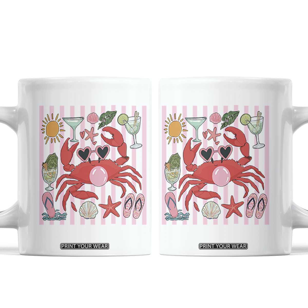 Funny Crab Tropical Summer Vacation Gift Coffee Mug Striped Summer Beach Vibes TS12 White Print Your Wear