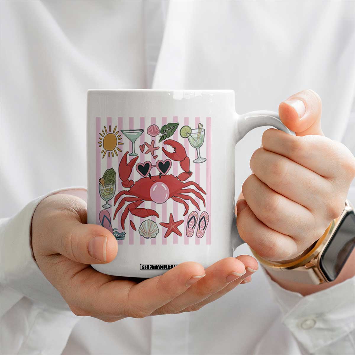 Funny Crab Tropical Summer Vacation Gift Coffee Mug Striped Summer Beach Vibes TS12 Print Your Wear