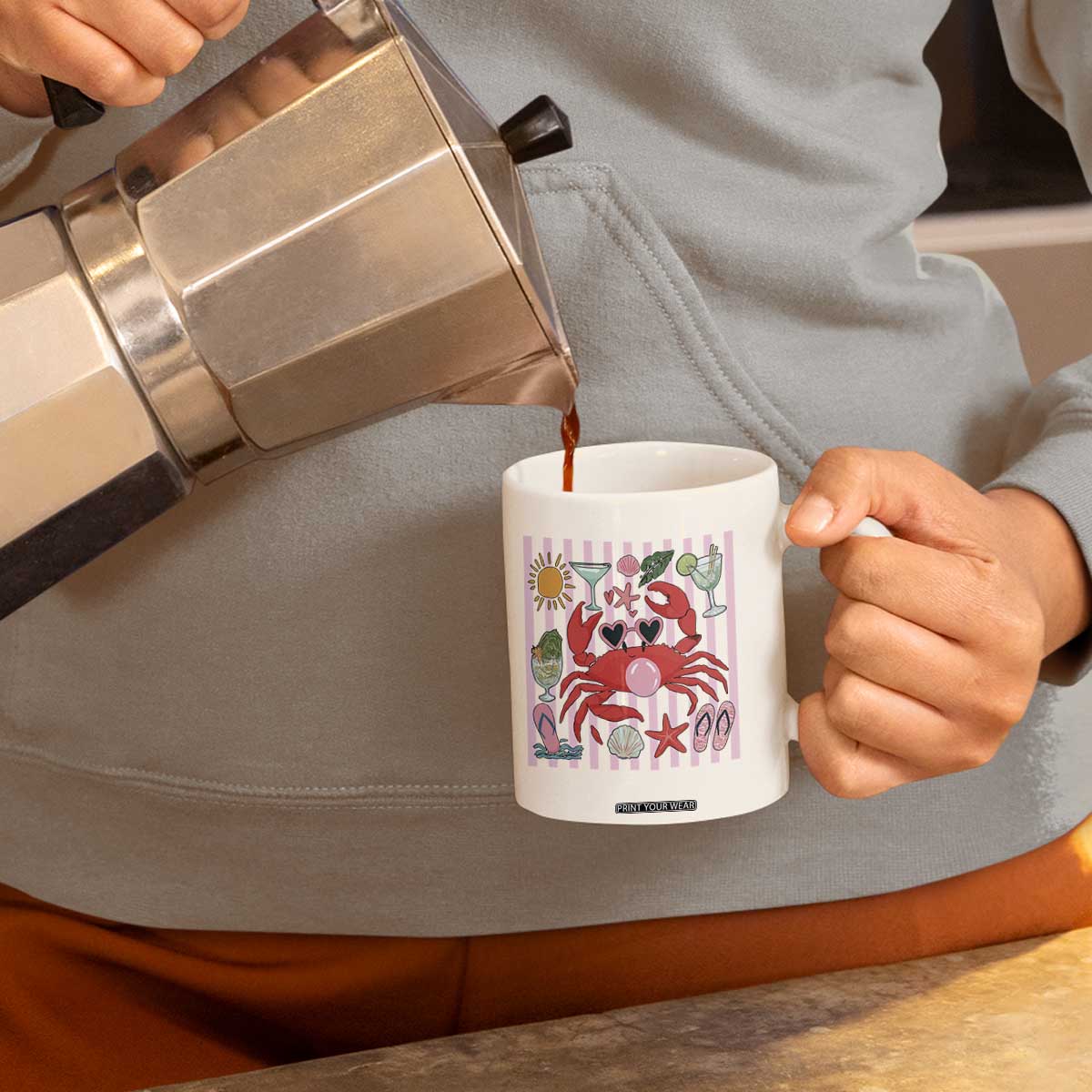 Funny Crab Tropical Summer Vacation Gift Coffee Mug Striped Summer Beach Vibes TS12 Print Your Wear