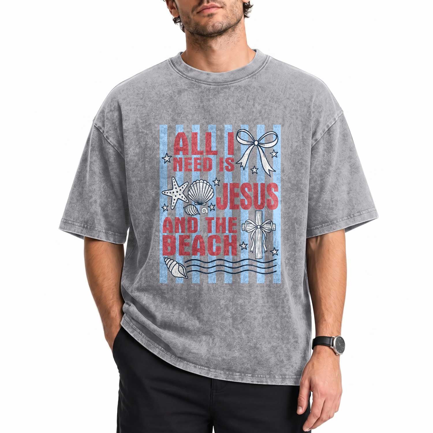 All I Need Is Jesus And The Beach Washed Cotton T-Shirt Striped Christian Summer Graphic